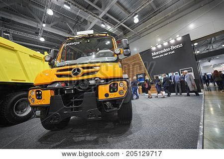 MOSCOW, SEP, 5, 2017: View on new service truck Mercedes-Benz Unimog for various service modifications City service trucks Commercial Transport Exhibition ComTrans-2017 Mercedes Benz special cars