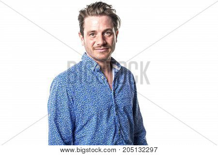 A Portrait of european man isolated over white background. Caucasian male model in studio shoot.
