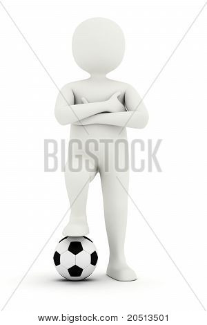 Hombre 3D con pie en el balón de fútbol