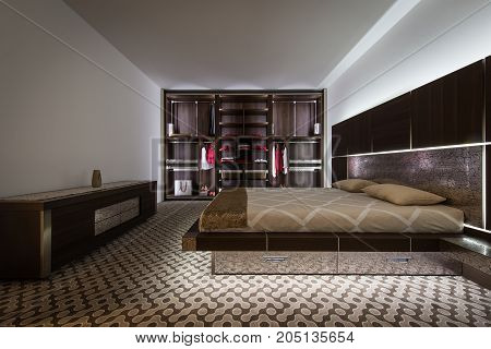 Modern Bedroom With Double Bed And Built In Closet