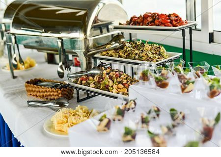 buffet table, Canape, sandwiches, snacks, holiday table, sliced, glasses celebration new year christmas fourchette catering table setting