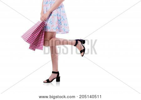 Happy Excited Woman Standing And Holding Colorful Shopping Bags Isolated On A White Background - Cil