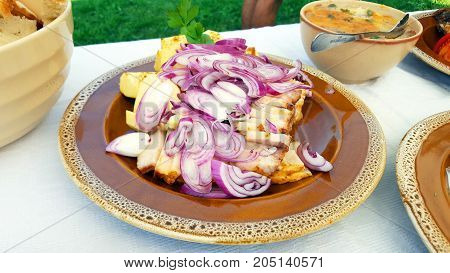 Traditional Romanian pork dish on a outdoor buffet