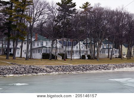 A view of lakefront homes on Beach Drive in Wequetonsing, Michigan, during March.