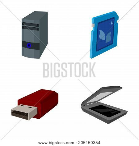 A system unit, a flash drive, a scanner and a SD card. Personal computer set collection icons in cartoon style vector symbol stock illustration .