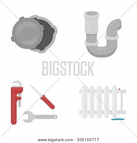 Sewage hatch, tool, radiator.Plumbing set collection icons in cartoon style vector symbol stock illustration .