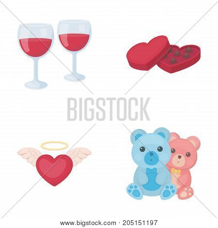 Glasses with wine, chocolate hearts, bears, valentine.Romantik set collection icons in cartoon style vector symbol stock illustration .
