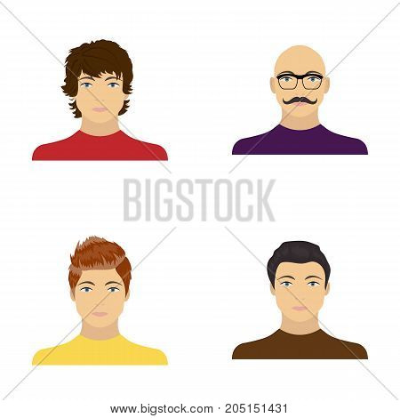 The appearance of the young guy, the face of a bald man with a mustache in his glasses. Face and appearance set collection icons in cartoon style vector symbol stock illustration .