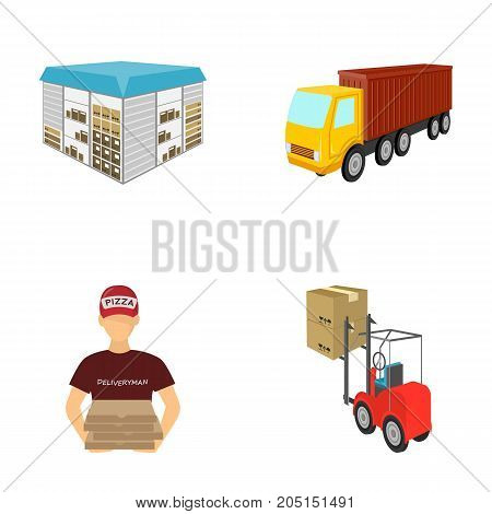 Truck, courier for delivery of pizza, forklift, storage room. Logistics and delivery set collection icons in cartoon style isometric vector symbol stock illustration .