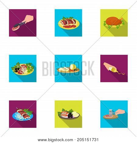 Fried chicken, cooking chop, slicing vegetables, shish kebab and other elements of cooking. Food and Cooking set collection icons in flat style vector symbol stock illustration .