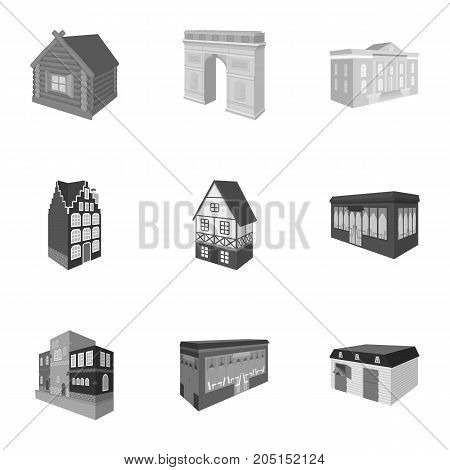 Municipality building, bank office building, stable, wooden hut, bridge and other architectural structures. Architecture and facilities set collection icons in monochrome style vector symbol stock illustration .