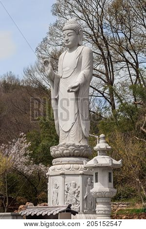 Budda statue in buddhist temple Songgwangsa South Korea 12 april 2017