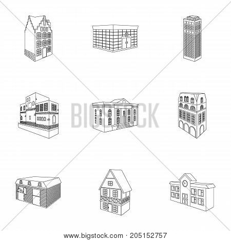 Municipality building, bank office building, stable, wooden hut, bridge and other architectural structures. Architecture and facilities set collection icons in outline style vector symbol stock illustration .
