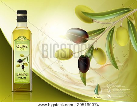 Glass bottle with oil and olives with leaves on a branch. Package label design. Healthy vegetarian product. Stock vector illustration.