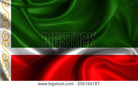 Realistic flag of Chechen Republic on the wavy surface of fabric. This flag can be used in design