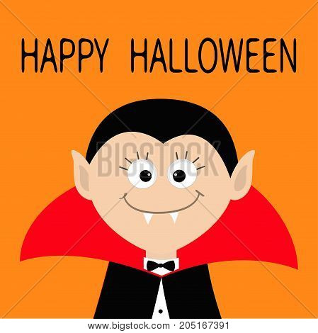 Count Dracula head wearing black and red cape. Cute cartoon vampire character with fangs. Happy Halloween. Greeting card. Flat design. Orange background. Isolated. Vector illustration