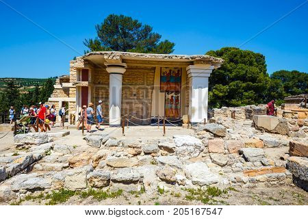 Knossos, Crete, June 10, 2017: Scenic Ruins Of The Minoan Palace Of Knossos. Knossos Palace Is The L