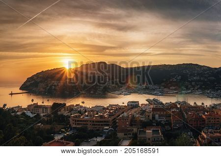 Panoramic view of Harbour of Port de Andratx at sunset Mallorca Balearic Islands Spain Europe