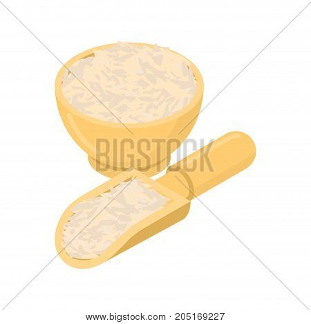 Parboiled Rice In Wooden Bowl And Spoon. Groats In Wood Dish And Shovel. Grain On White Background.