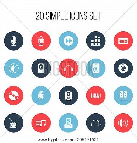 Set Of 20 Editable Song Icons. Includes Symbols Such As Drum, Disc, Playlist And More