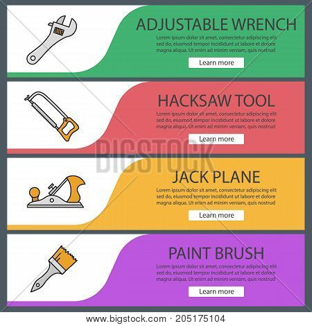 Construction tools web banner templates set. Adjustable wrench, hacksaw, jack plane, paint brush. Website color menu items. Vector headers design concepts