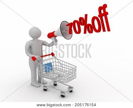 70% Discount And Man . 3D Rendered Illustration