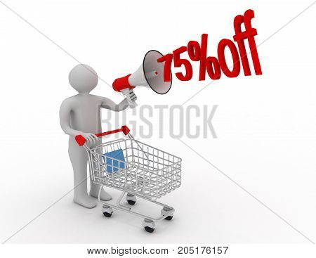 75% Discount And Man . 3D Rendered Illustration