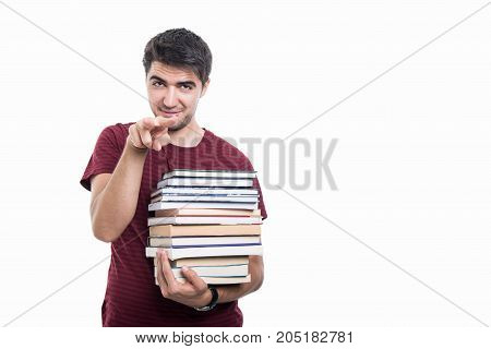 Student Holding Pile Of Books Showing Watching You