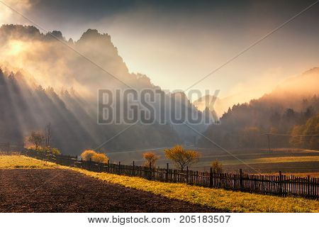 Morning Sunshine In Mountainous Landscape In Autumn Colors, Slov