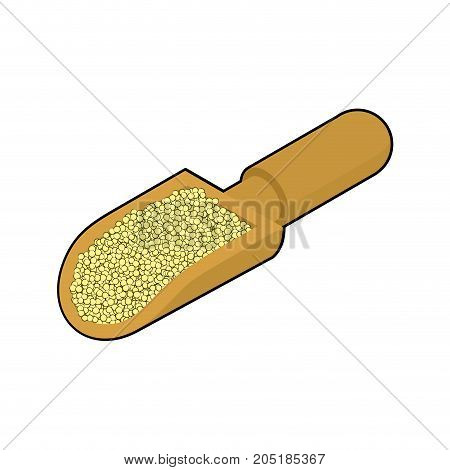 Cuscus In Wooden Scoop Isolated. Groats In Wood Shovel. Grain On White Background. Vector Illustrati