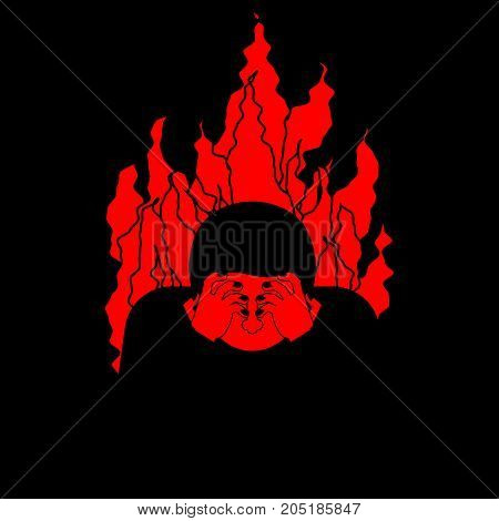 Sinner On Fire. Omg. Cover Face With Hands. Despair And Suffering. Hell Fire. Vector Illustration