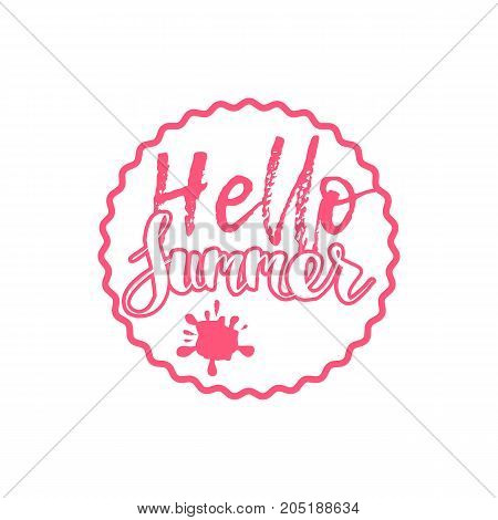 Hello Summer On Color Circle. Isolated Typographic Design Label. Season Holidays Lettering For Logot