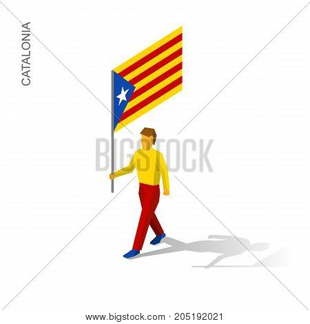 Isometric man with flag of Catalonia (autonomous community of Spain). 3D standard bearer isolated on white background. Catalonia patriot. Simple vector illustration for infographic.