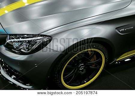 Sankt-Petersburg Russia July 21 2017: Side view of a Mercedes Benz C 63s AMG coupe 2017. Front Headlight .Car exterior details. Photo Taken at Royal Auto Show July 21