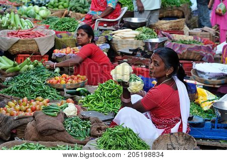 UDAJPUR INDIA - 28 FEBRUARY 2010: Indian Colorfully women seling the vegetables on the street in India