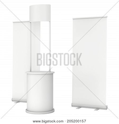 Stall or Kiosk Modern Promostand Reception Desk with roll up. Trade show booth white and blank. 3d render illustration isolated on white background. Template mockup for your expo design.