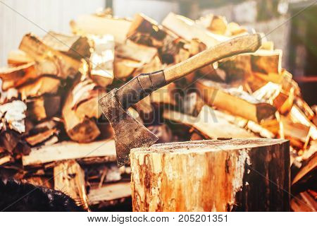 The ax is stabbed with a blade into the stump. Ax with wooden handle. against firewoos