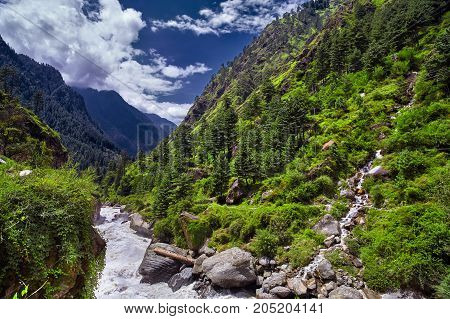 Landscape Of A Mountain River With Traditional Nature Of Kullu Valley. Naggar, Himachal Pradesh. Nor