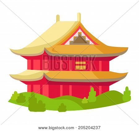 Chinese red building with yellow roof and green grass around isolated on white. Vector illustration of house in asian style, flat design. Special oriental construction for living in the East