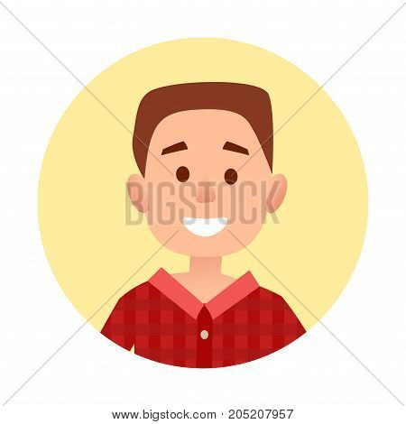 Cartoon little boy with broad smile in plaid shirt portrait in yellow circle isolated in white background. Happy kid vector illustration.