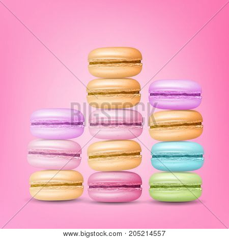 Macarons Set Vector. Colourful Sweet French Macaroons On Pink Background