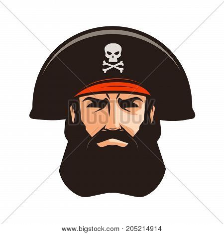 Pirate logo or label. Portrait of bearded man in cocked hat. Cartoon vector illustration isolated on white background