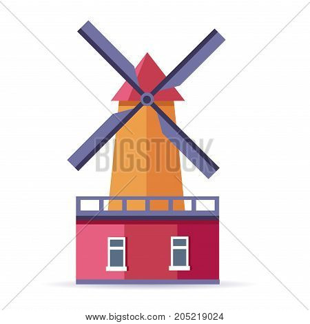 Flouring-mill isolated on white background. Vector illustration of mill building in flat design cartoon style. Tower for harvest keeping, construction for mobile game applications, countryside farm