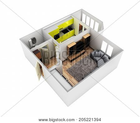 Interior Apartment Roofless Perspective View Apartment Layout 3D Render Without Shadow