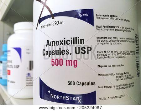 September 2, 2017-ogden Utah, Usa: Amoxicillin Bottle. This Is A Popular Drug For Many Bacterial Inf