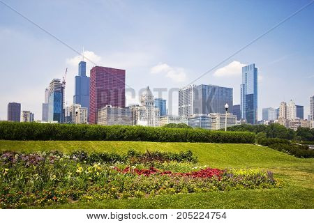 Chicago downtown skyline view with flowerbed in Grant Park on the foreground on a sunny summer day.