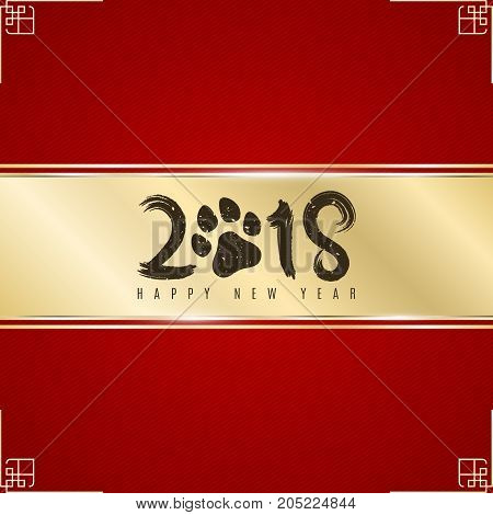 Golden ribbon banner on a red background with a pattern of oblique lines with a dark inscription 2018 dog. Gold frame. Realistic gold strip. Dog trace. Grunge style. Vector illustration