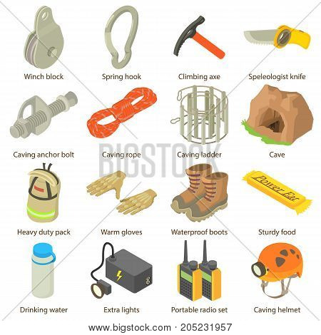 Speleologist icons set. Isometric illustration of 16 speleologist vector icons for web