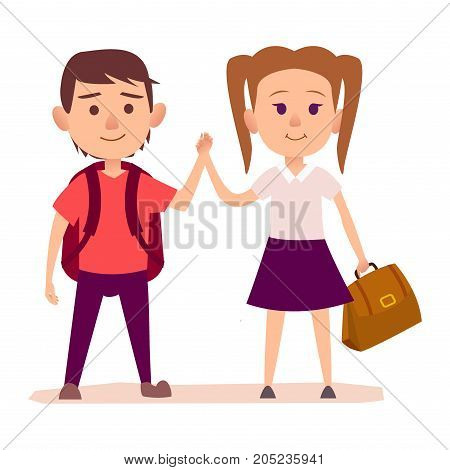 Small boy with dark red backpack on shoulders and pretty girl with two tails hairstyle holds brown bag in one hand vector illustration