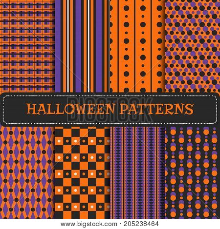 Set of 8 Halloween seamless patterns. Vector backgrounds. Carnival or party design with beads, dots, chessboard in orange, black and purple. Pattern swatches included in Swatch panel.
